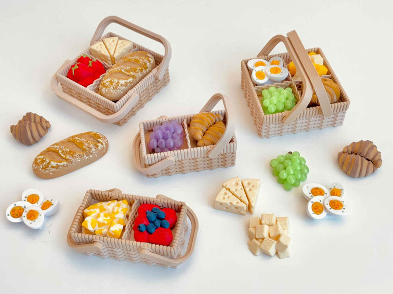 Printed picnic hamper miniatures with baguette, cheese, grapes and a croissant